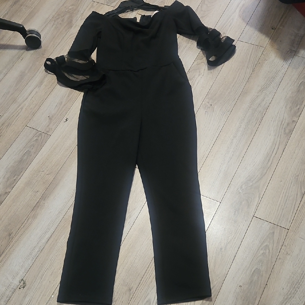 Black Ruffled Sleeve Jumpsuit with Straight-Leg Pants